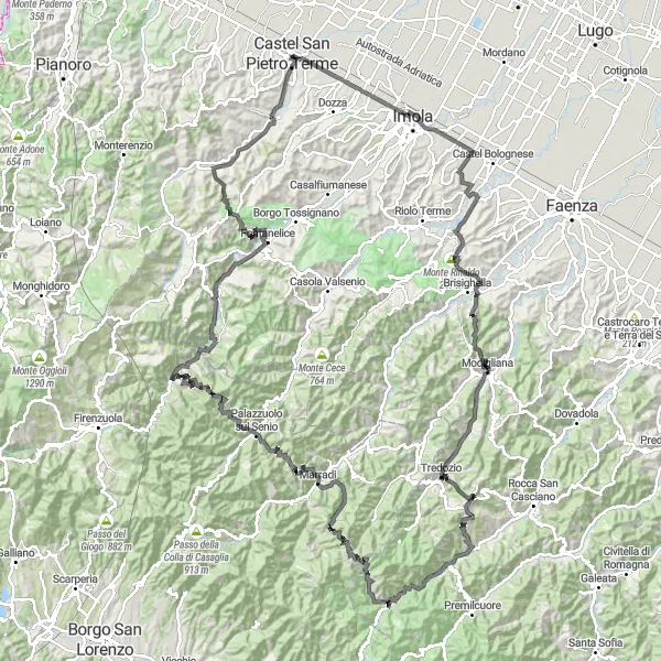 Miniatura della mappa di ispirazione al ciclismo "Giro panoramico tra le colline di Emilia-Romagna" nella regione di Emilia-Romagna, Italy. Generata da Tarmacs.app, pianificatore di rotte ciclistiche