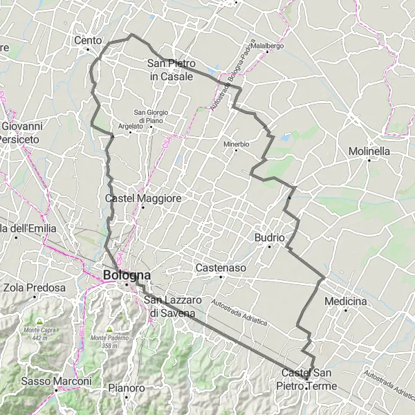Miniatua del mapa de inspiración ciclista "Ruta Escénica a Pieve di Cento" en Emilia-Romagna, Italy. Generado por Tarmacs.app planificador de rutas ciclistas