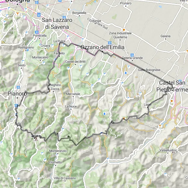 Miniatura della mappa di ispirazione al ciclismo "Giro in bicicletta da Castel San Pietro Terme" nella regione di Emilia-Romagna, Italy. Generata da Tarmacs.app, pianificatore di rotte ciclistiche