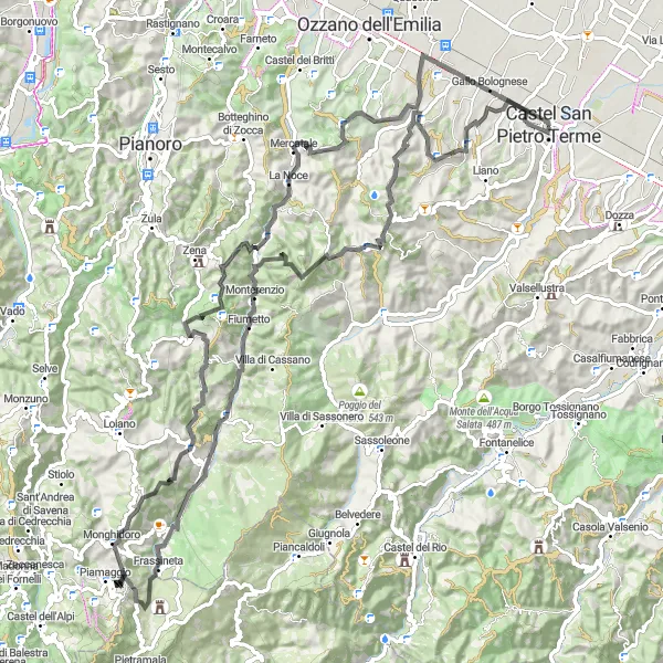 Miniature de la carte de l'inspiration cycliste "Circuit des Hautes Terres de Monte Bibele" dans la Emilia-Romagna, Italy. Générée par le planificateur d'itinéraire cycliste Tarmacs.app