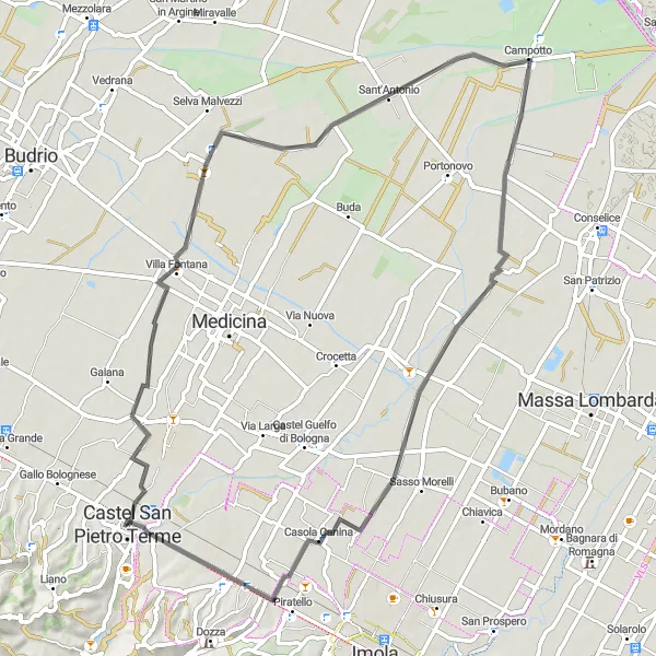 Kartminiatyr av "Cykeltur till Villa Fontana och Toscanella di Dozza" cykelinspiration i Emilia-Romagna, Italy. Genererad av Tarmacs.app cykelruttplanerare