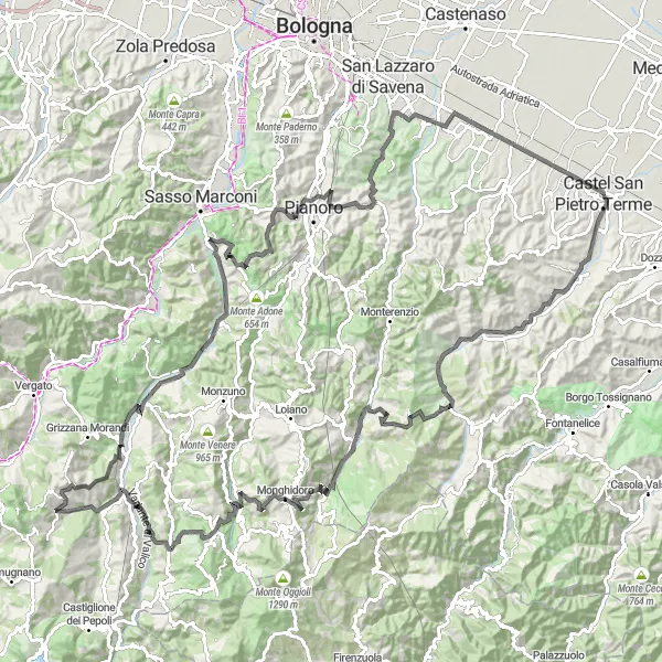 Mapa miniatúra "Cestná cyklotrasa s výstupom 2894 m a vzdialenosťou 148 km" cyklistická inšpirácia v Emilia-Romagna, Italy. Vygenerované cyklistickým plánovačom trás Tarmacs.app