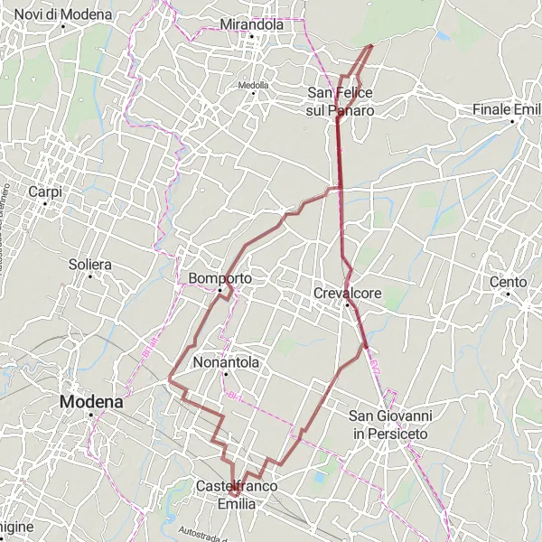Zemljevid v pomanjšavi "Krožna kolesarska pot okoli Castelfranco Emilia" kolesarske inspiracije v Emilia-Romagna, Italy. Generirano z načrtovalcem kolesarskih poti Tarmacs.app
