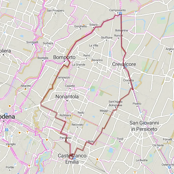 Map miniature of "The Gravel Ride through Navicello and Sant'Agata Bolognese" cycling inspiration in Emilia-Romagna, Italy. Generated by Tarmacs.app cycling route planner