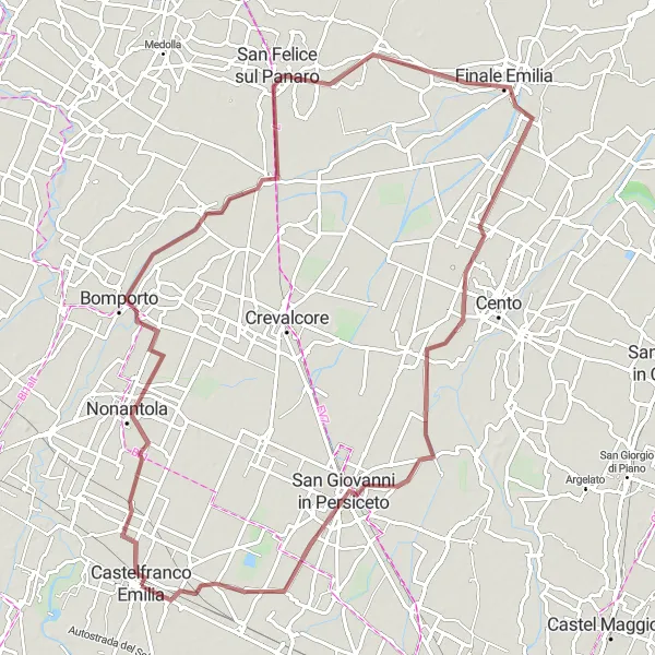 Map miniature of "The Gravel Challenge through Nonantola and San Felice sul Panaro" cycling inspiration in Emilia-Romagna, Italy. Generated by Tarmacs.app cycling route planner