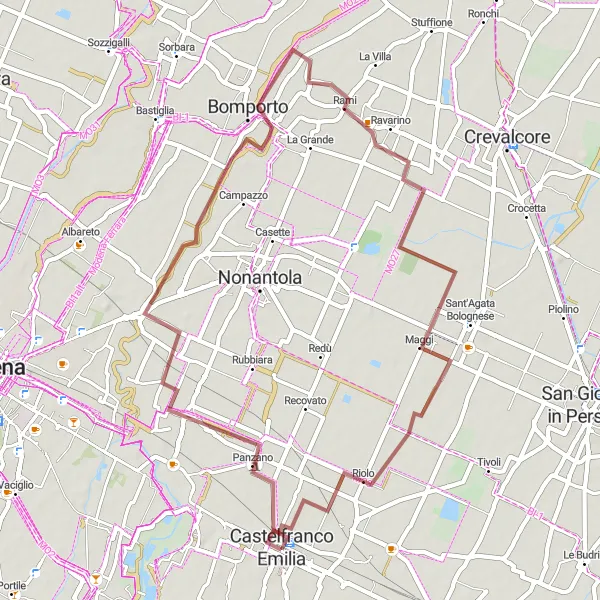 Miniaturní mapa "Gravelová cyklotrasa z Castelfranco Emilia" inspirace pro cyklisty v oblasti Emilia-Romagna, Italy. Vytvořeno pomocí plánovače tras Tarmacs.app