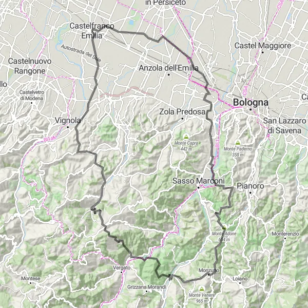Map miniature of "The Legendary Road Adventure through Bargellino and Monte Caverna" cycling inspiration in Emilia-Romagna, Italy. Generated by Tarmacs.app cycling route planner