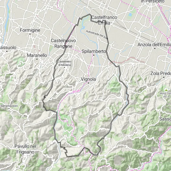 Map miniature of "Round-trip Cycling Route from Castelfranco Emilia: Charming Emilian Hills" cycling inspiration in Emilia-Romagna, Italy. Generated by Tarmacs.app cycling route planner