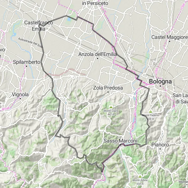 Map miniature of "Round-trip Cycling Route from Castelfranco Emilia: Scenic Hills and Historic Sites" cycling inspiration in Emilia-Romagna, Italy. Generated by Tarmacs.app cycling route planner