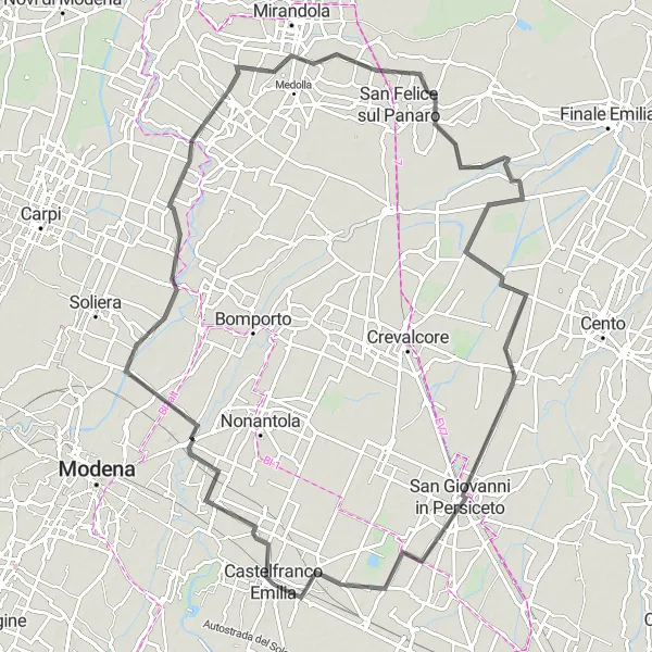 Map miniature of "Round-trip Cycling Route from Castelfranco Emilia: Countryside Exploration" cycling inspiration in Emilia-Romagna, Italy. Generated by Tarmacs.app cycling route planner