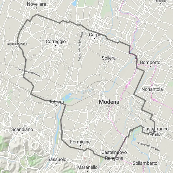 Map miniature of "Round-trip Cycling Route from Castelfranco Emilia: Emilian Countryside and Historic Towns" cycling inspiration in Emilia-Romagna, Italy. Generated by Tarmacs.app cycling route planner