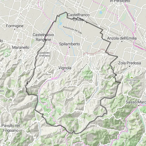 Map miniature of "Round-trip Cycling Route from Castelfranco Emilia: A Legendary Climbing Challenge" cycling inspiration in Emilia-Romagna, Italy. Generated by Tarmacs.app cycling route planner