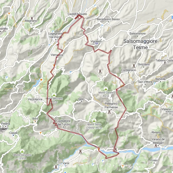 Mapa miniatúra "Gravelový cyklookruh cez kopce a údolia" cyklistická inšpirácia v Emilia-Romagna, Italy. Vygenerované cyklistickým plánovačom trás Tarmacs.app