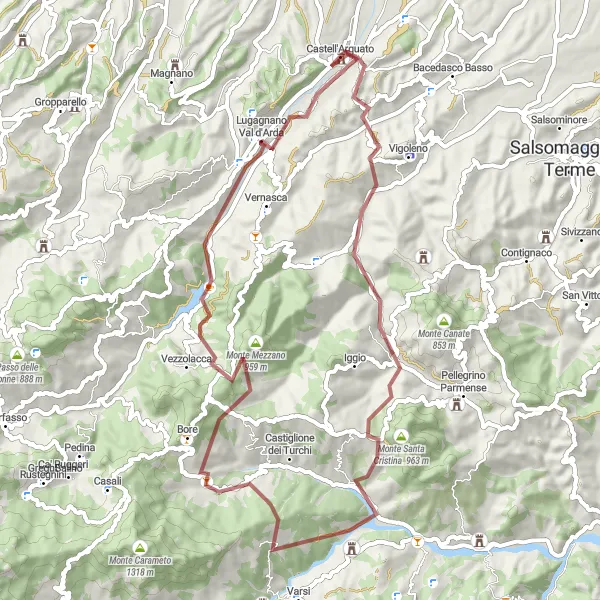 Map miniature of "Adventurous Gravel Ride in Emilia-Romagna" cycling inspiration in Emilia-Romagna, Italy. Generated by Tarmacs.app cycling route planner