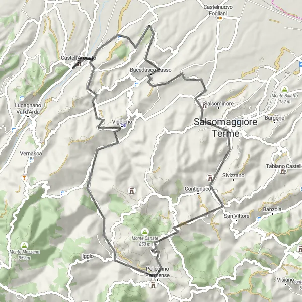 Zemljevid v pomanjšavi "Kolesarska pot Salsomaggiore Terme - Rocca Viscontea" kolesarske inspiracije v Emilia-Romagna, Italy. Generirano z načrtovalcem kolesarskih poti Tarmacs.app