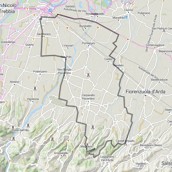 Mapa miniatúra "Cyklookruh cez malebné krajiny a dedinky" cyklistická inšpirácia v Emilia-Romagna, Italy. Vygenerované cyklistickým plánovačom trás Tarmacs.app