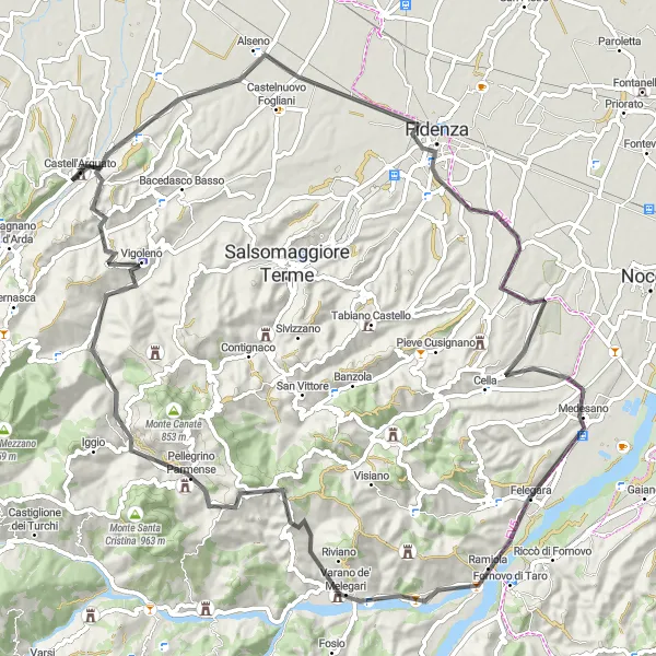 Miniaturní mapa "Kolem památek Emilia-Romagna" inspirace pro cyklisty v oblasti Emilia-Romagna, Italy. Vytvořeno pomocí plánovače tras Tarmacs.app