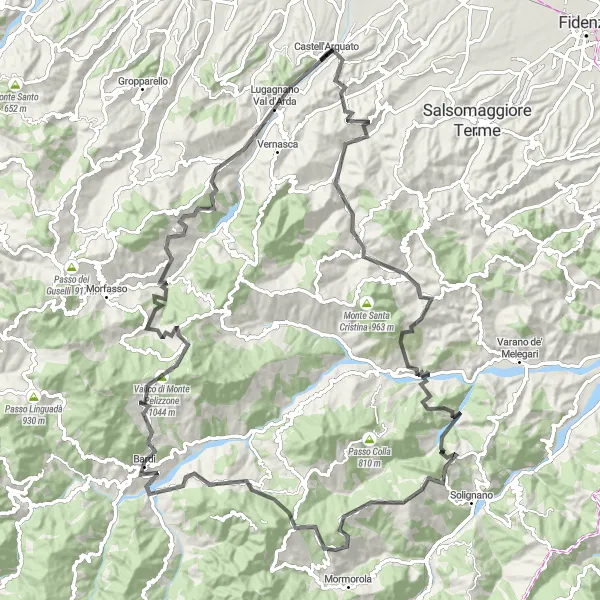 Miniature de la carte de l'inspiration cycliste "Les Montagnes de Parme" dans la Emilia-Romagna, Italy. Générée par le planificateur d'itinéraire cycliste Tarmacs.app