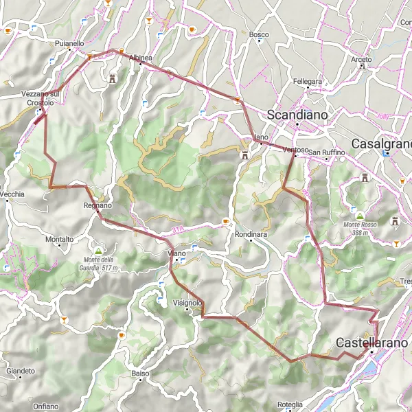 Map miniature of "Scenic Gravel Adventure: Albinea to Castellarano" cycling inspiration in Emilia-Romagna, Italy. Generated by Tarmacs.app cycling route planner