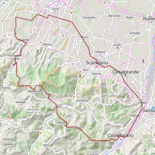 Miniatua del mapa de inspiración ciclista "Ruta de ciclismo de grava desde Castellarano" en Emilia-Romagna, Italy. Generado por Tarmacs.app planificador de rutas ciclistas