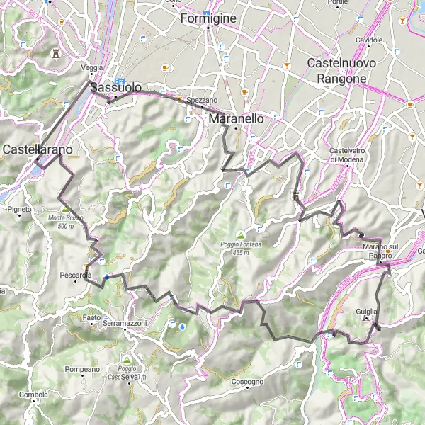 Map miniature of "Maranello to Castellarano Epic Road Route" cycling inspiration in Emilia-Romagna, Italy. Generated by Tarmacs.app cycling route planner