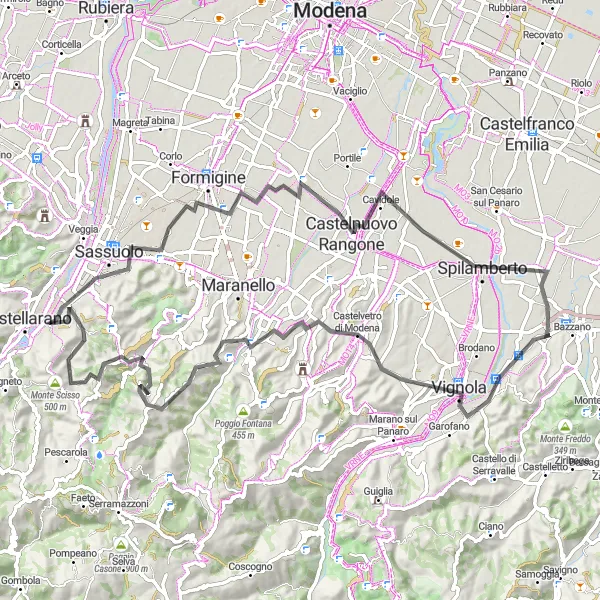 Map miniature of "Fiorano Modenese to Castellarano Scenic Road Route" cycling inspiration in Emilia-Romagna, Italy. Generated by Tarmacs.app cycling route planner