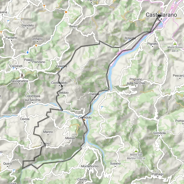 Map miniature of "Castellarano Loop Road Challenge" cycling inspiration in Emilia-Romagna, Italy. Generated by Tarmacs.app cycling route planner