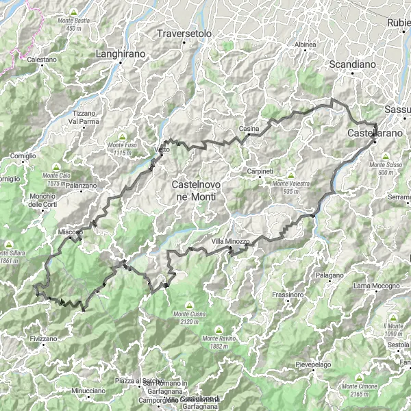 Zemljevid v pomanjšavi "Kolesarska pot z vzponi okoli Castellarana: Monte Branzola - Toano - Monte della Castagna - Villa Minozzo - Monte Calvario - Monte Ravaneto - Ligonchio - Collagna - Passo Crocetta - Monte Castiglione - Comano - Passo del Lagastrello - Miscoso - Montedello - Passo Ferrarino - Vetto - Monte Fiore - Casina - Monte della Guardia - Rondinara - Rocchetta" kolesarske inspiracije v Emilia-Romagna, Italy. Generirano z načrtovalcem kolesarskih poti Tarmacs.app