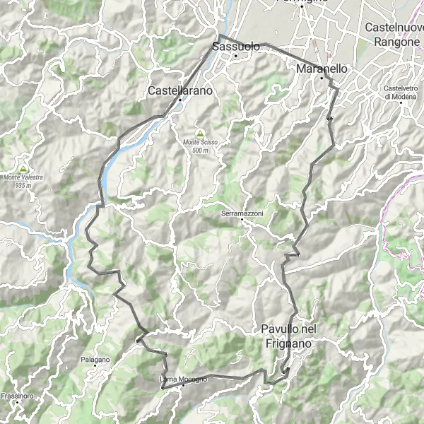 Map miniature of "Sassuolo and Montecuccolo Loop" cycling inspiration in Emilia-Romagna, Italy. Generated by Tarmacs.app cycling route planner