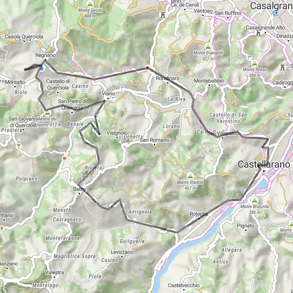 Map miniature of "Monte Branzola and Rondinara Loop" cycling inspiration in Emilia-Romagna, Italy. Generated by Tarmacs.app cycling route planner