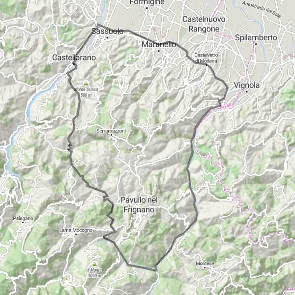 Kartminiatyr av "Sassuolo til Castellarano" sykkelinspirasjon i Emilia-Romagna, Italy. Generert av Tarmacs.app sykkelrutoplanlegger