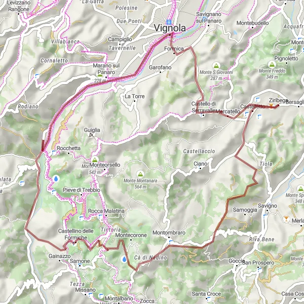 Kartminiatyr av "Grusvägsrutt till Monte Tenio" cykelinspiration i Emilia-Romagna, Italy. Genererad av Tarmacs.app cykelruttplanerare