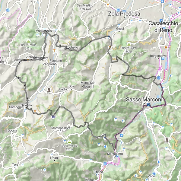 Map miniature of "Panoramic Ride to Monte Caverna" cycling inspiration in Emilia-Romagna, Italy. Generated by Tarmacs.app cycling route planner