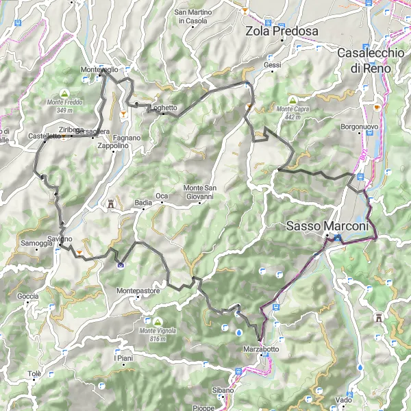 Miniatura della mappa di ispirazione al ciclismo "Giro in bicicletta panoramico intorno a Castelletto" nella regione di Emilia-Romagna, Italy. Generata da Tarmacs.app, pianificatore di rotte ciclistiche