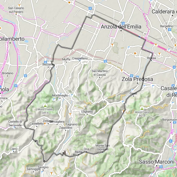 Mapa miniatúra "Historická cyklotrasa" cyklistická inšpirácia v Emilia-Romagna, Italy. Vygenerované cyklistickým plánovačom trás Tarmacs.app