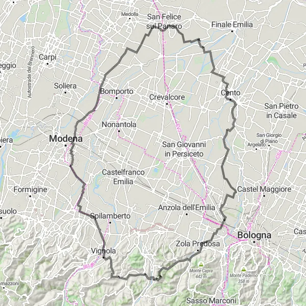 Map miniature of "Castelletto - Borgo Panigale" cycling inspiration in Emilia-Romagna, Italy. Generated by Tarmacs.app cycling route planner