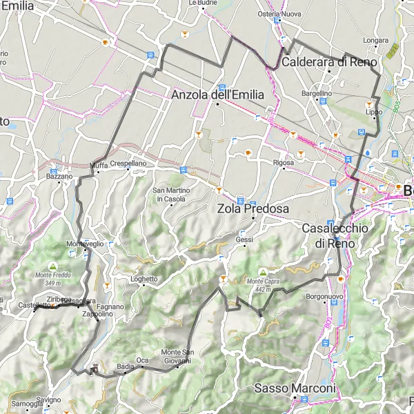 Karten-Miniaturansicht der Radinspiration "Monte Olive und Monte Specchio Rundfahrroute" in Emilia-Romagna, Italy. Erstellt vom Tarmacs.app-Routenplaner für Radtouren