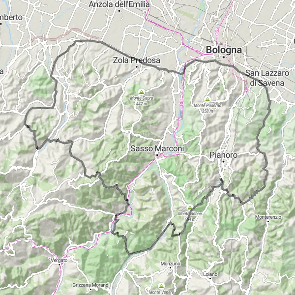 Miniatura della mappa di ispirazione al ciclismo "Ciclismo tra Ponte Ronca e Monte Specchio" nella regione di Emilia-Romagna, Italy. Generata da Tarmacs.app, pianificatore di rotte ciclistiche