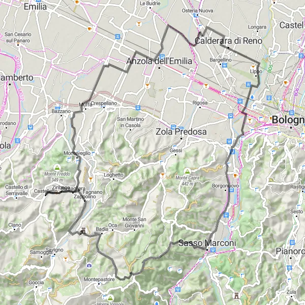 Kartminiatyr av "Bakker og naturskjønne utsiktspunkter" sykkelinspirasjon i Emilia-Romagna, Italy. Generert av Tarmacs.app sykkelrutoplanlegger