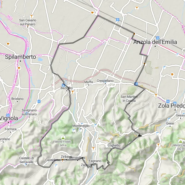 Mapa miniatúra "Okruhová cyklistická trasa z Castelletta" cyklistická inšpirácia v Emilia-Romagna, Italy. Vygenerované cyklistickým plánovačom trás Tarmacs.app