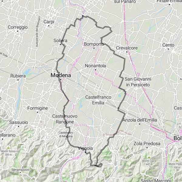 Miniatua del mapa de inspiración ciclista "Ruta de 126 km en bici de carretera desde Castelletto" en Emilia-Romagna, Italy. Generado por Tarmacs.app planificador de rutas ciclistas