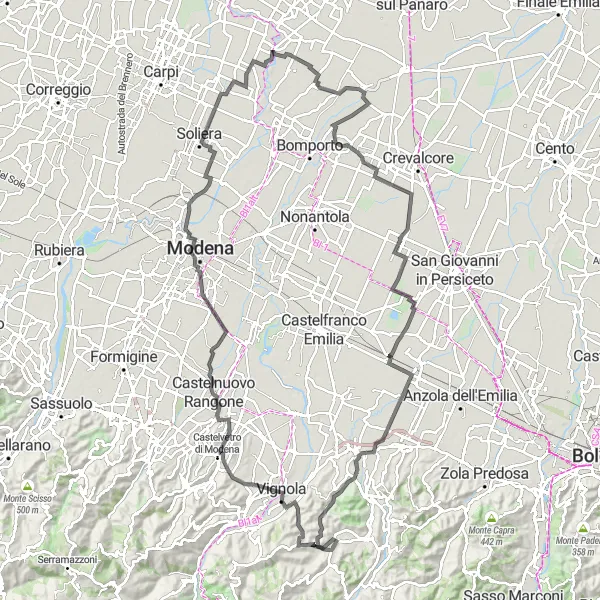 Map miniature of "Circular Route to Rocca di Vignola" cycling inspiration in Emilia-Romagna, Italy. Generated by Tarmacs.app cycling route planner