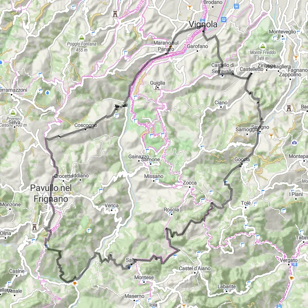 Mapa miniatúra "Cyklistický okruh s panoramatickými výhľadmi" cyklistická inšpirácia v Emilia-Romagna, Italy. Vygenerované cyklistickým plánovačom trás Tarmacs.app