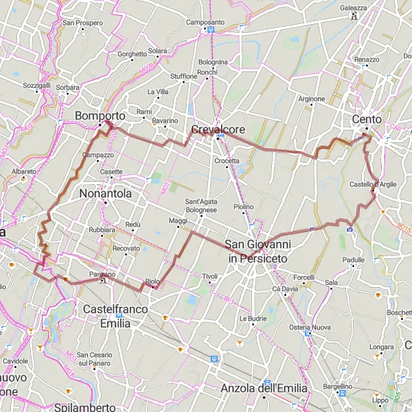 Miniature de la carte de l'inspiration cycliste "Les Chemins Rustiques de Persiceto" dans la Emilia-Romagna, Italy. Générée par le planificateur d'itinéraire cycliste Tarmacs.app