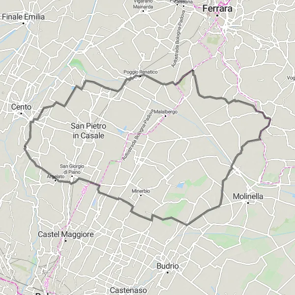 Miniature de la carte de l'inspiration cycliste "Tour de Marrara" dans la Emilia-Romagna, Italy. Générée par le planificateur d'itinéraire cycliste Tarmacs.app