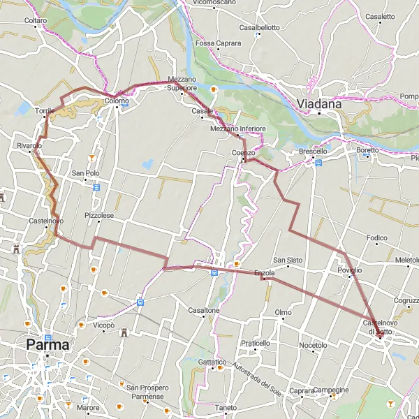 Mapa miniatúra "Gravelový okruh cez Colorno" cyklistická inšpirácia v Emilia-Romagna, Italy. Vygenerované cyklistickým plánovačom trás Tarmacs.app