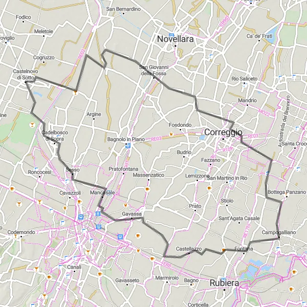 Miniatua del mapa de inspiración ciclista "Ruta en carretera a Cadelbosco di Sotto" en Emilia-Romagna, Italy. Generado por Tarmacs.app planificador de rutas ciclistas