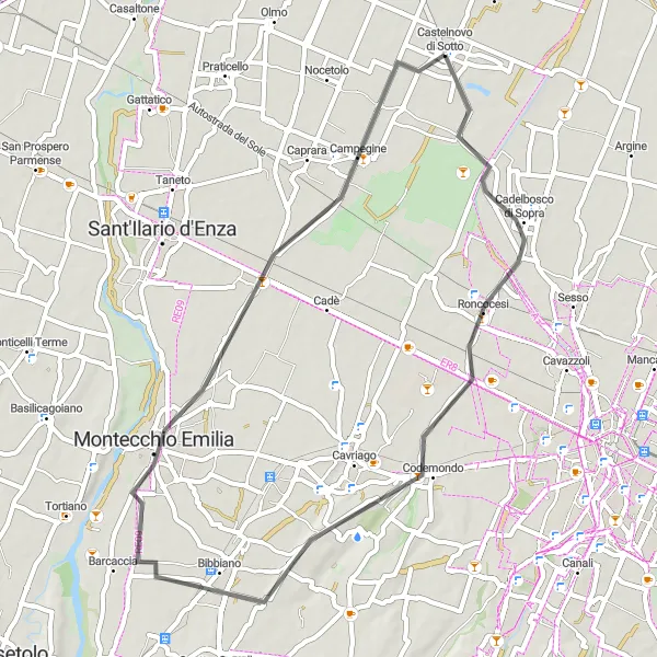 Miniatua del mapa de inspiración ciclista "Ruta escénica a Castelnovo di Sotto" en Emilia-Romagna, Italy. Generado por Tarmacs.app planificador de rutas ciclistas