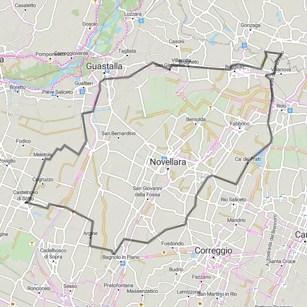 Miniatua del mapa de inspiración ciclista "Ruta de Castelnovo di Sotto a San Savino" en Emilia-Romagna, Italy. Generado por Tarmacs.app planificador de rutas ciclistas