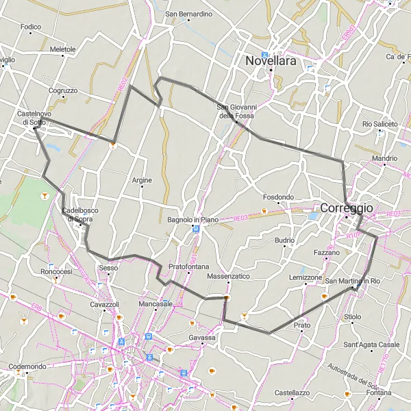 Zemljevid v pomanjšavi "Raznolika kolesarska pot v bližini Castelnovo di Sotto" kolesarske inspiracije v Emilia-Romagna, Italy. Generirano z načrtovalcem kolesarskih poti Tarmacs.app